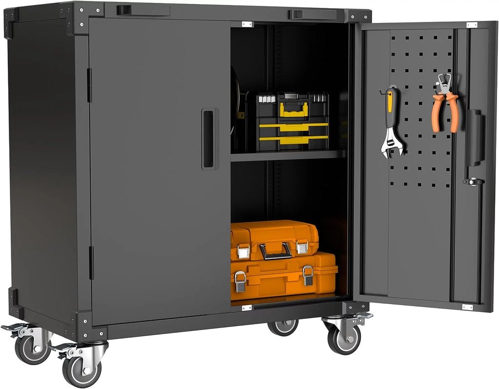 Lockable Steel Storage Cabinet with Adjustable Shelves and Wheels, Black D171016