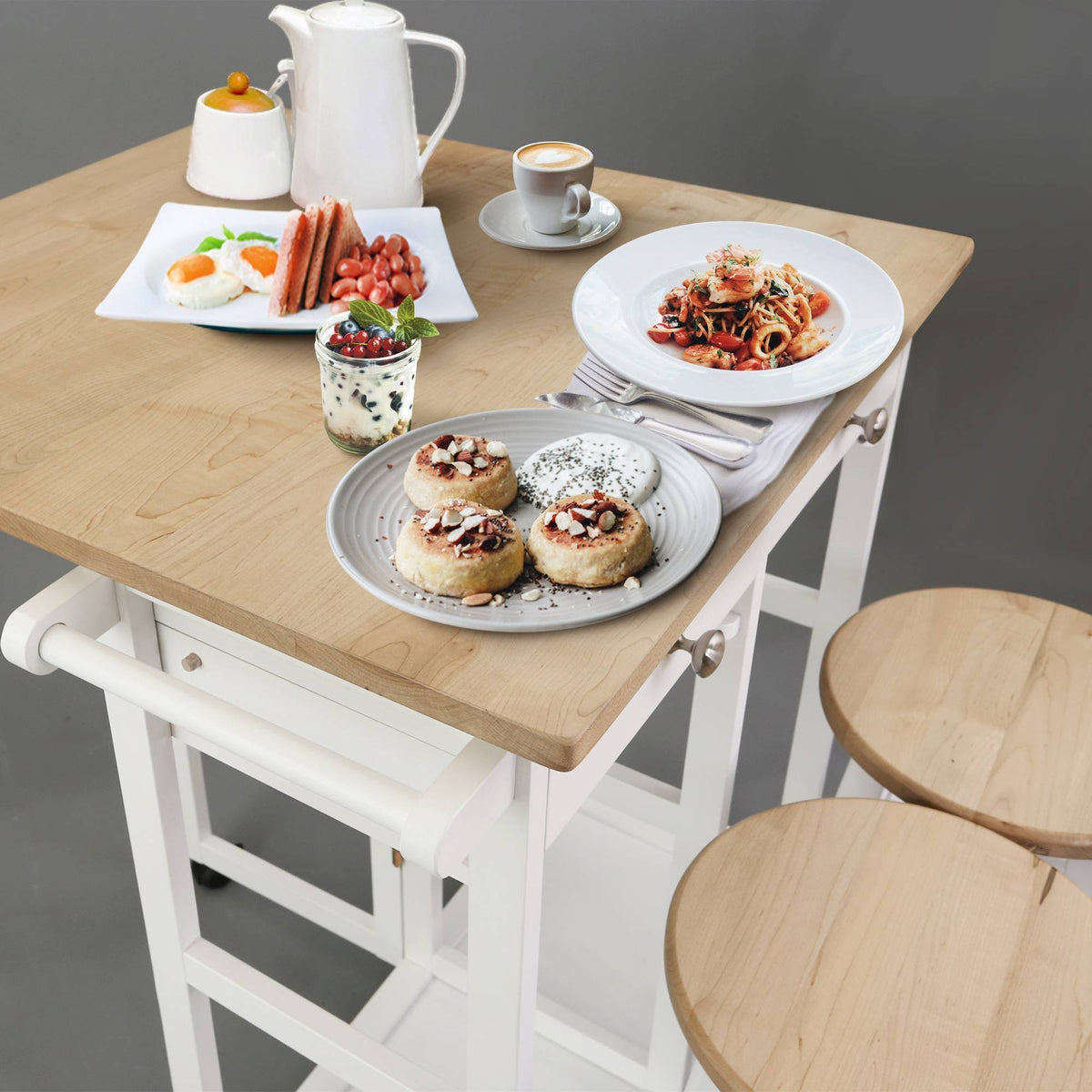 American Maple Drop Leaf Table Top Breakfast Cart Natural White Q65175