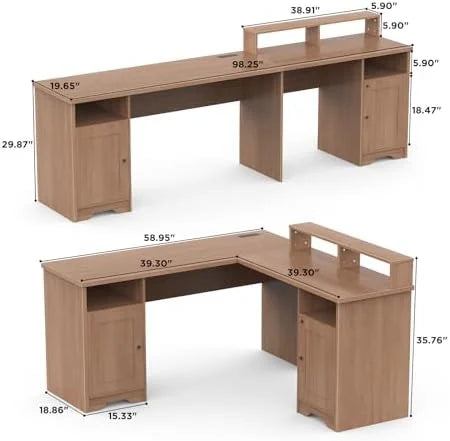 L Shaped Desk with Drawers 60 Inch Corner Computer Desk with USB Charging Port and Power Outlet Oak H420
