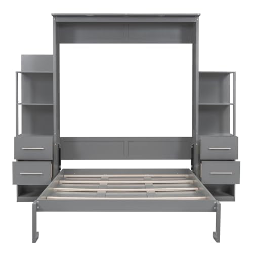 Gray Queen Murphy Bed with Storage Shelves, Drawers and LED Light, Wood Foldable Wall Bed Frame R6341