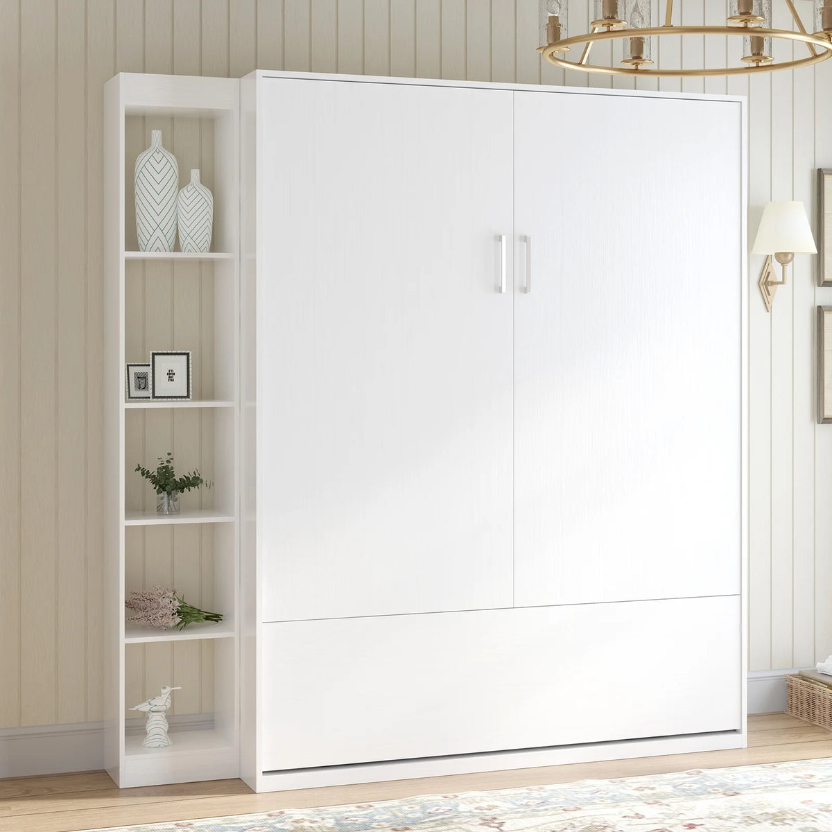 Foldable Murphy Bed with 1 Side Cabinet, White Y444288