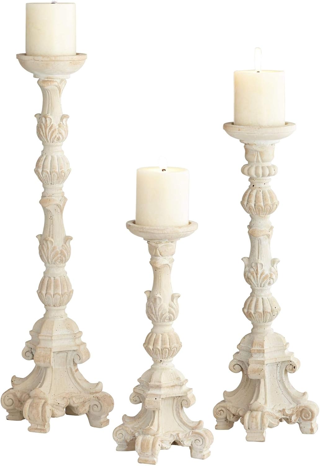 Whitewashed Carved Pillar Candle Holders Set of 3 W15344