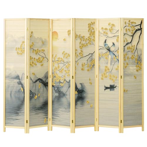 6 Panel Bamboo Room Divider Folding Screen with Beige Solid Wood Frame W9991