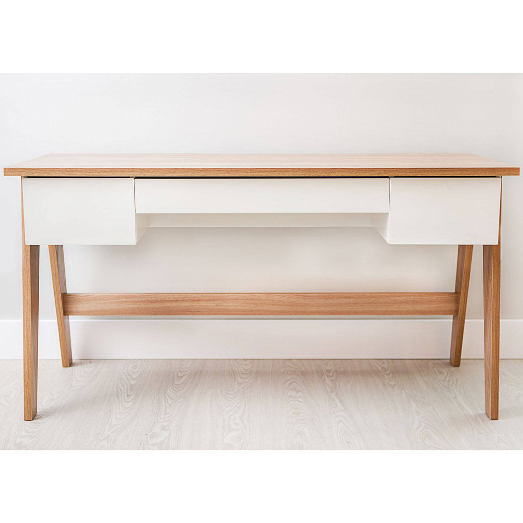 White Executive Office Desk with Light Oak Legs Q24310