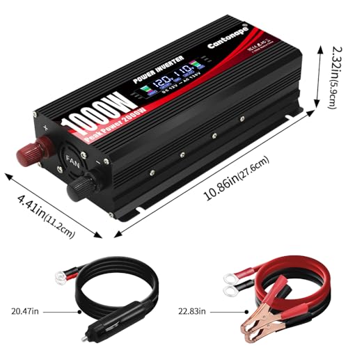 1000 Watt Car Power Inverter 12V to 110V/120V AC with LCD Display Dual AC Outlets Dual USB Black E3777