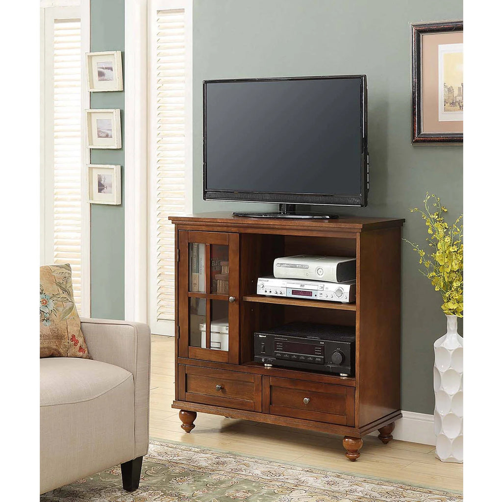 2 Drawer TV Stand with Storage Cabinet and Shelves, Dark Walnut R502