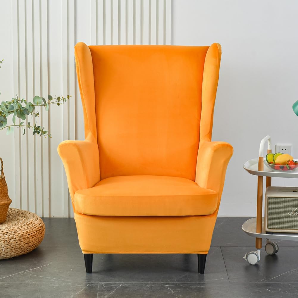 Orange Velvet Stretch Wingback Chair Sofa Slipcover with Elastic Bottom F307
