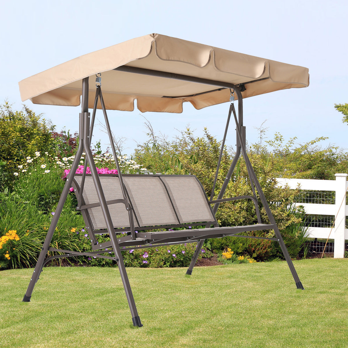 Beige 3-Person Steel Outdoor Patio Swing Chair V19954