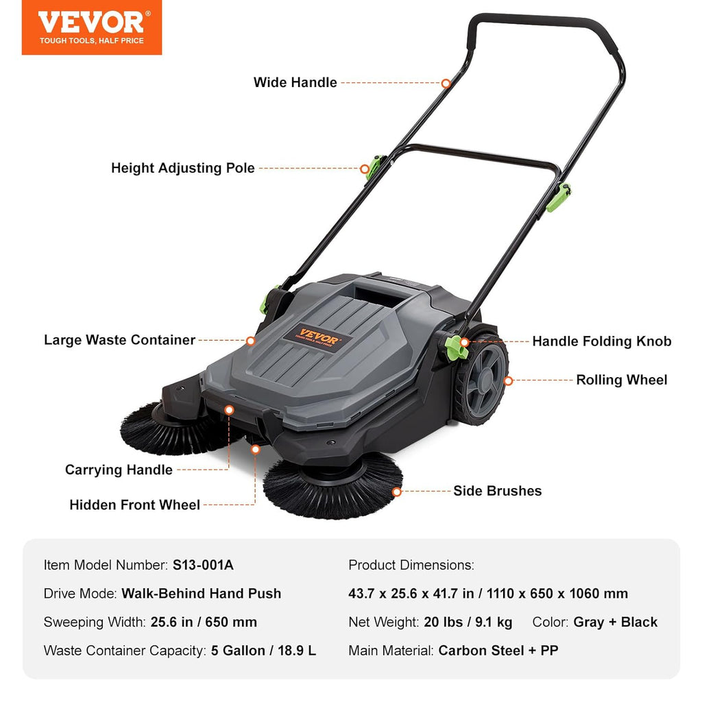 25.6" Sweeping Width Manual Non-Electric Floor Sweeper with 5-Gallon Waste Container T457584