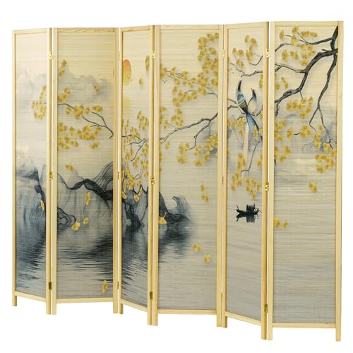 6 Panel Bamboo Room Divider Folding Screen with Beige Solid Wood Frame W9991