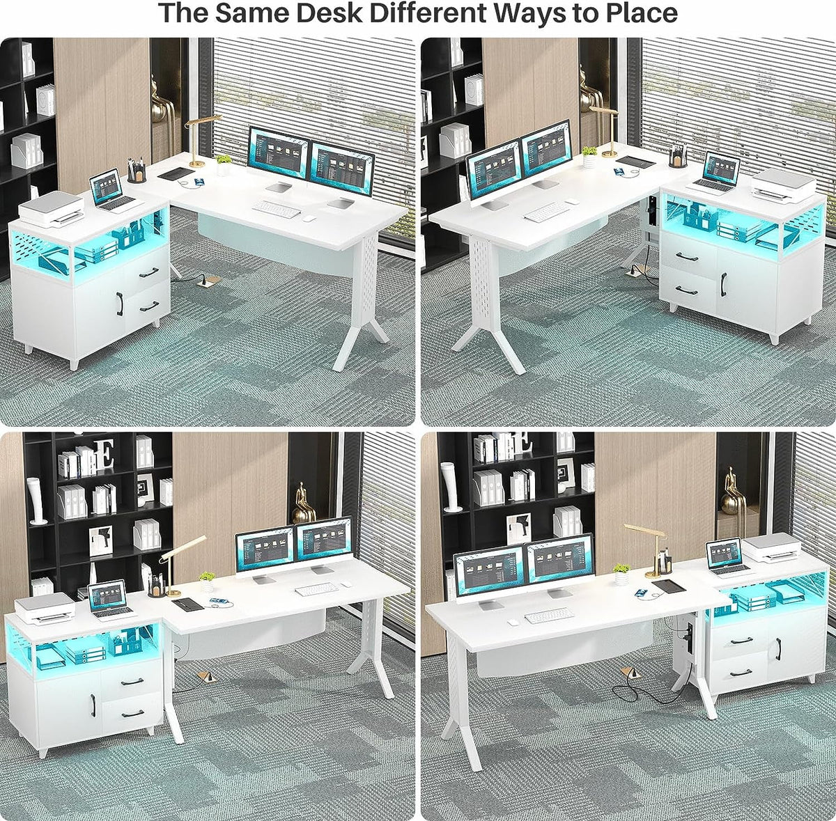 White 55 Inch L Shaped Desk with File Cabinet and Power Outlet Q169