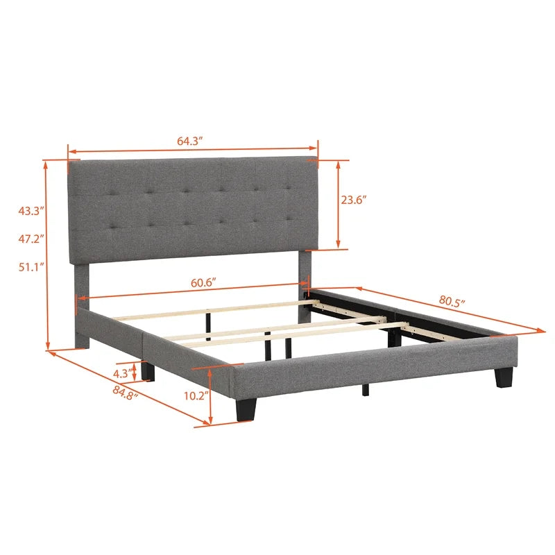 Gray Linen Fabric Queen Upholstered Platform Bed with Tufted Headboard V7557
