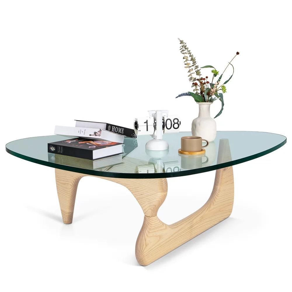 Triangle Tempered Glass Coffee Table Solid Wooden Base A9404