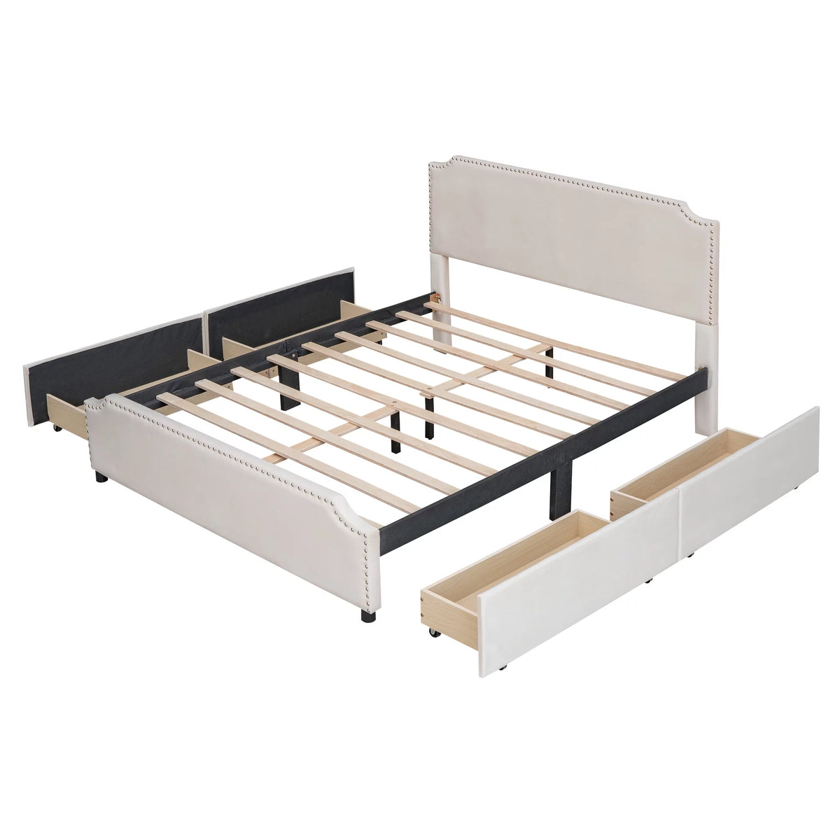 Beige Velvet Queen Size Bed with 4 Storage Drawers M40217