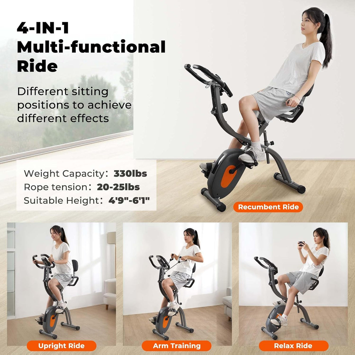 Folding Exercise Bike with Arm Resistance Bands & Pulse Sensor LCD Monitor M961371