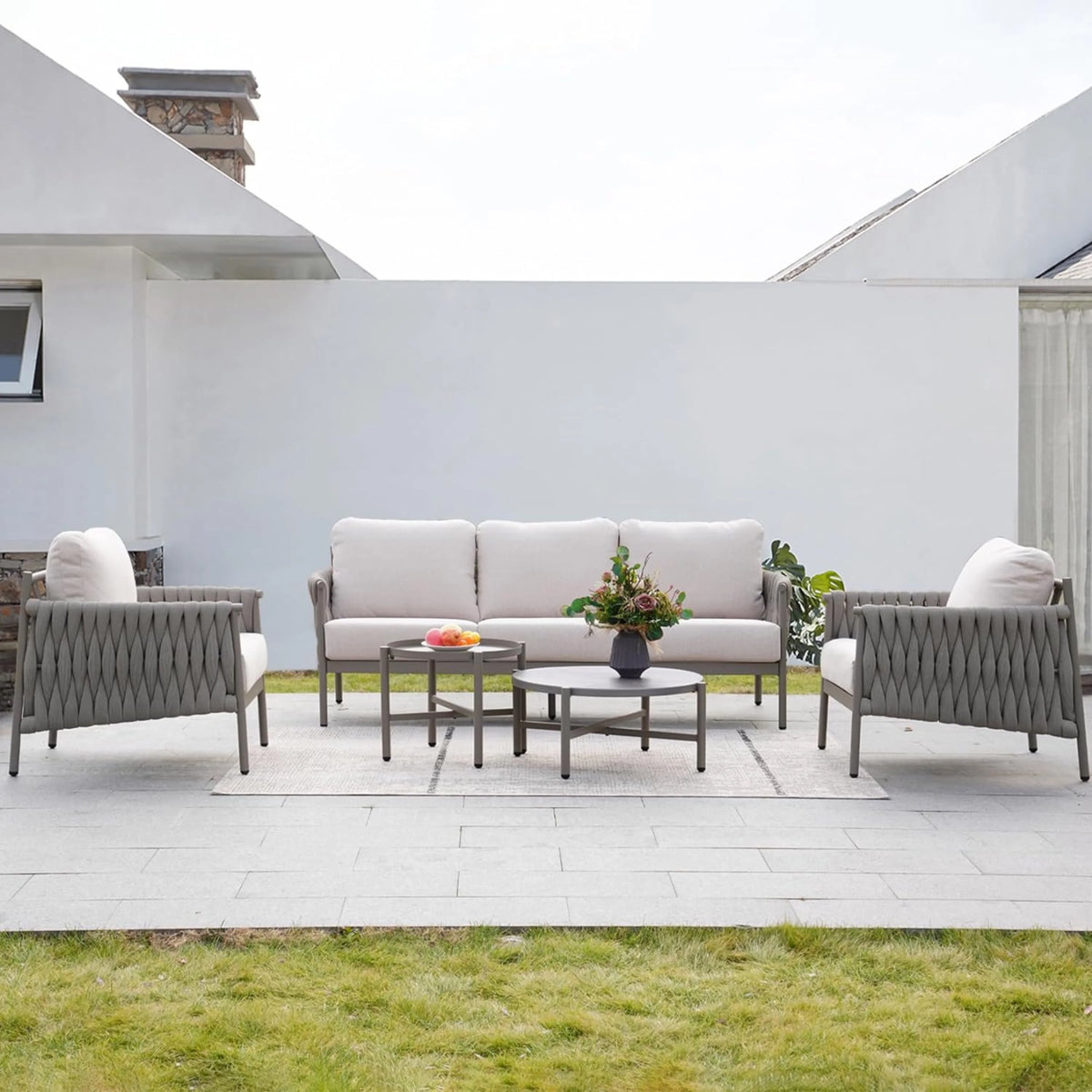 5-Piece Cotton Rope Outdoor Conversation Set with Cushions Q957055