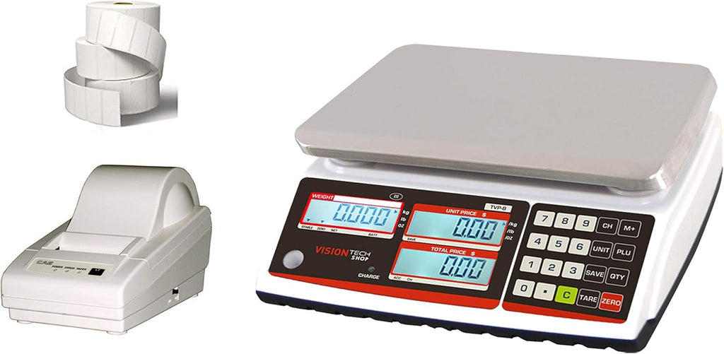 Price Computing Scale with Pole Display, 12lb Capacity, 0.002lb Readability, Thermal Label Printer, 1 Case of Labels G7579