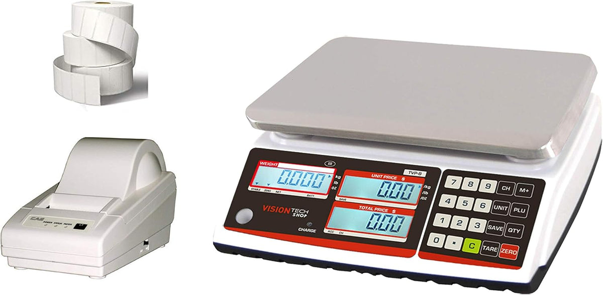 Price Computing Scale with Pole Display, 12lb Capacity, 0.002lb Readability, Thermal Label Printer, 1 Case of Labels G7579