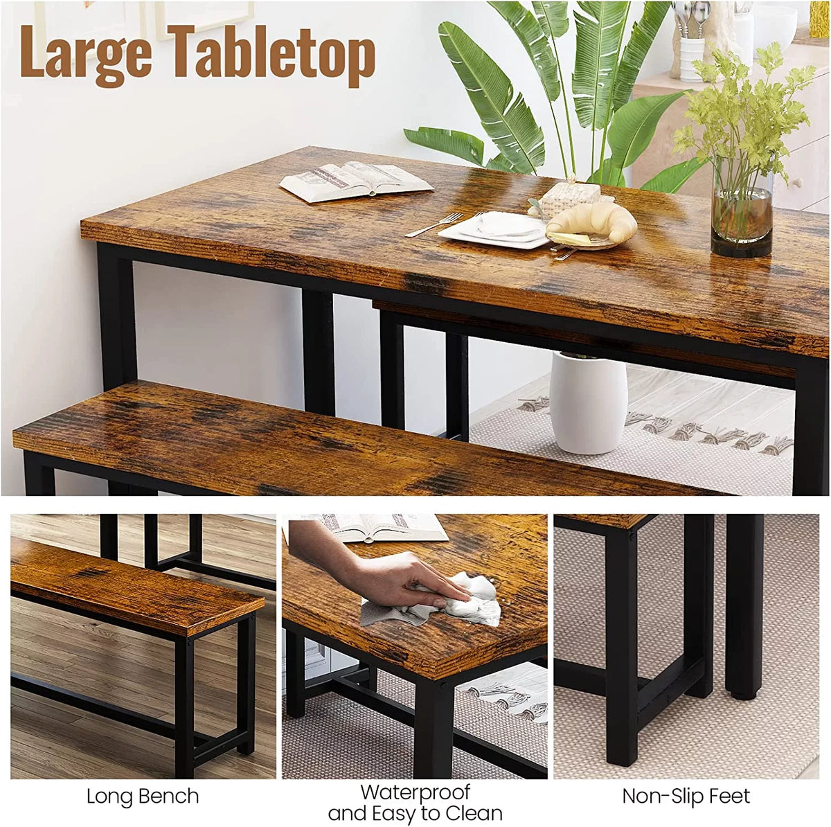 3-Piece Dining Table Set with 2 Bench Chairs Q8031