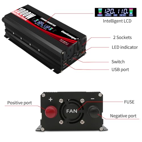 1000 Watt Car Power Inverter 12V to 110V/120V AC with LCD Display Dual AC Outlets Dual USB Black E3777