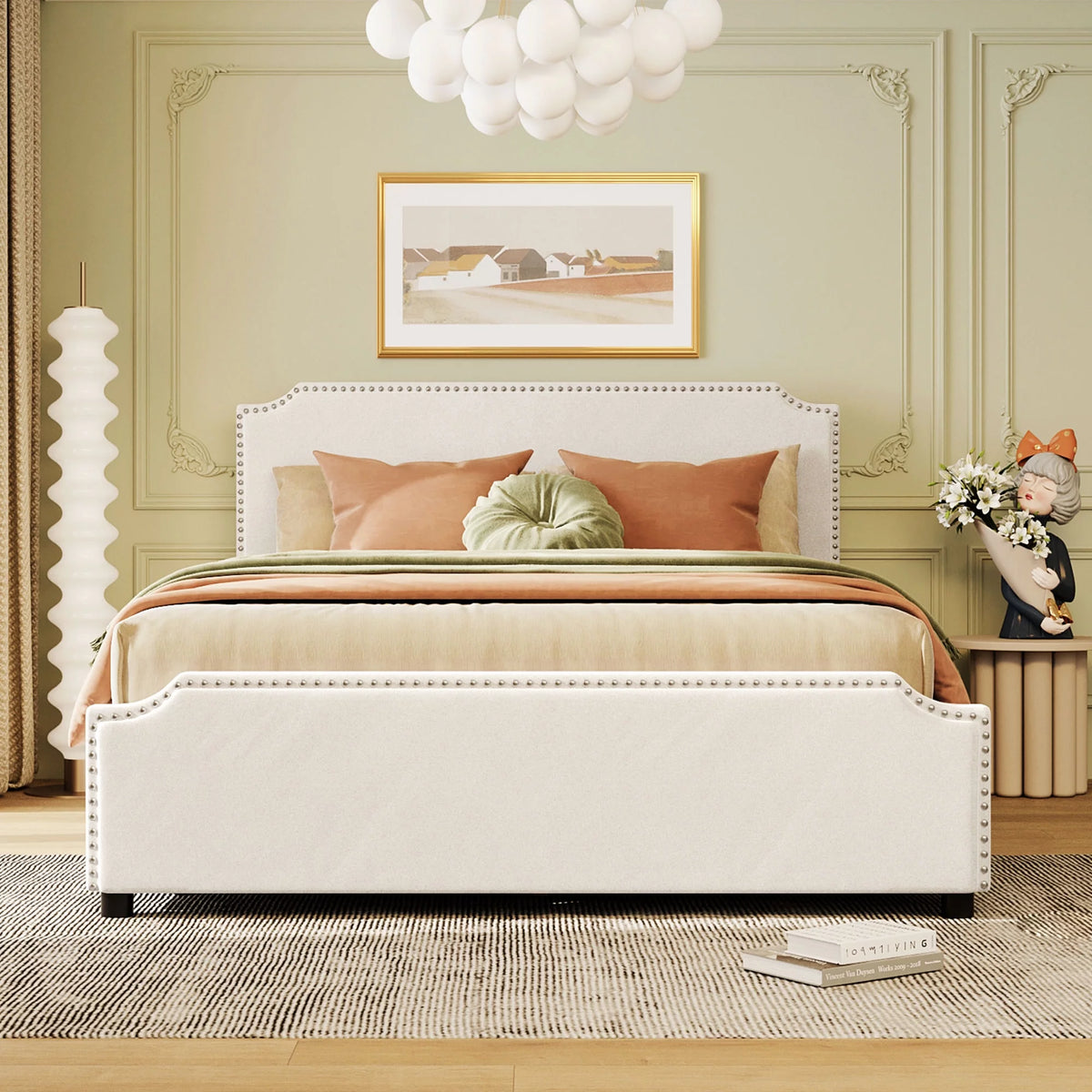 Beige Velvet Queen Size Bed with 4 Storage Drawers M40217