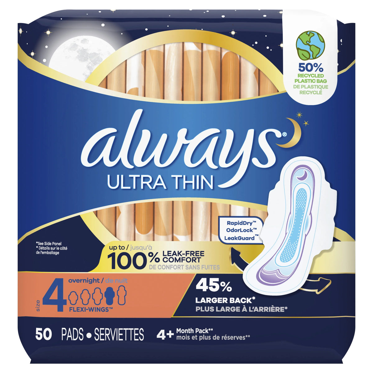 Ultra Thin Overnight Pads with Wings, Size 4, 50 CT J4189