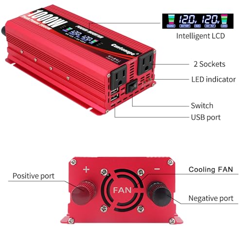 1000 Watt Car Power Inverter 12V to 110V/120V AC with LCD Display Dual AC Outlets Dual USB Black E3777