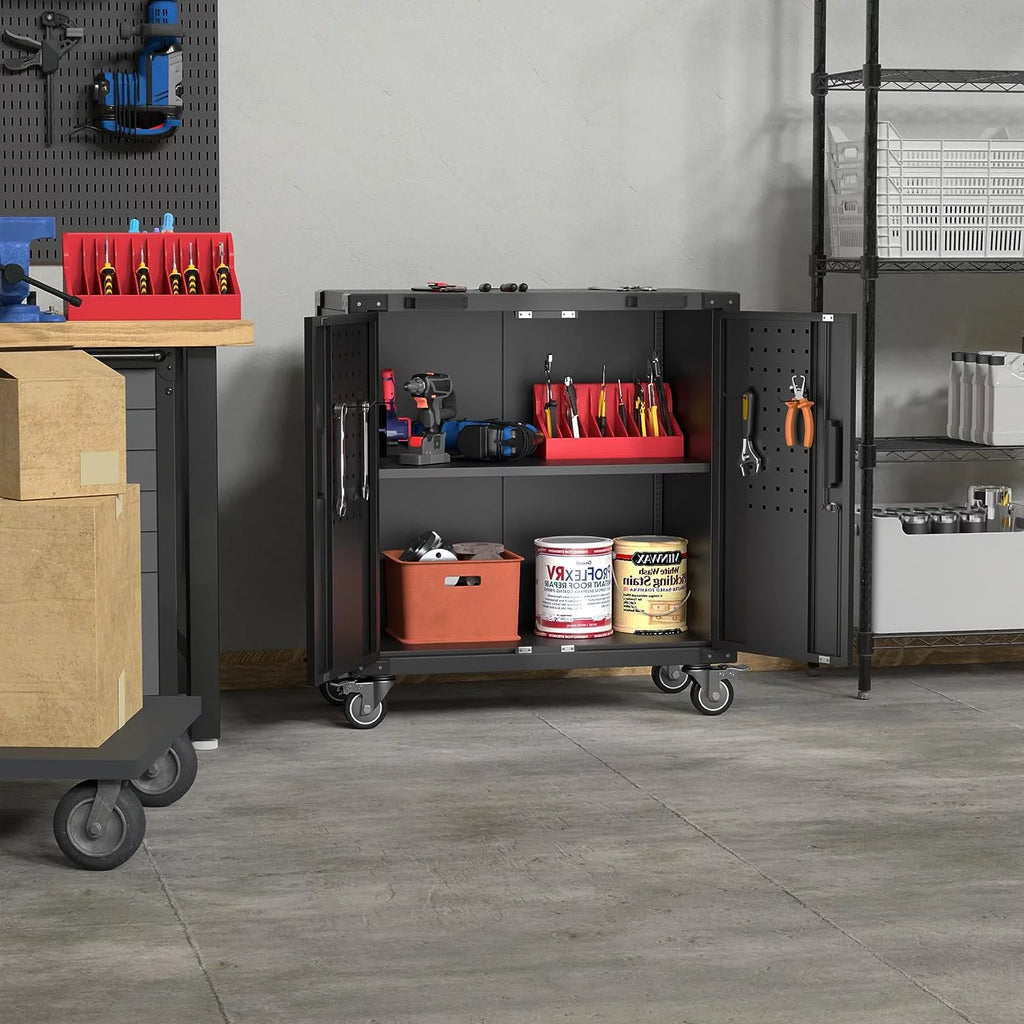 Lockable Steel Storage Cabinet with Adjustable Shelves and Wheels, Black D171016