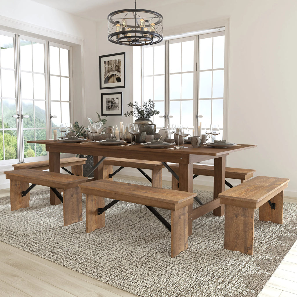 Antique Rustic Folding Farm Table and Six Bench Set V24730