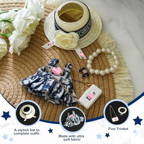 17cm Doll Clothes Set with Hat Pearl Necklace Bag Accessories Blue I8424