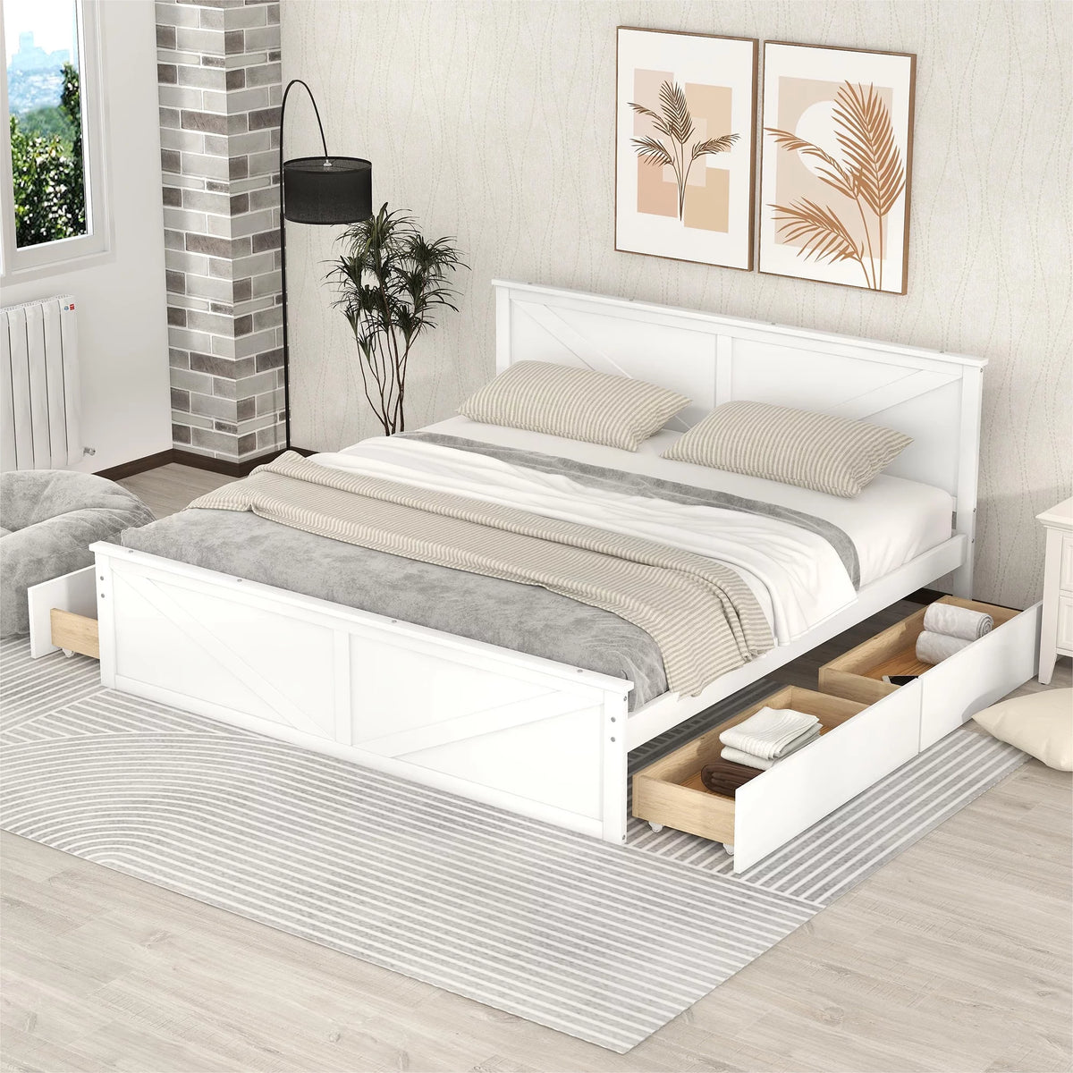 King Size White Wooden Platform Bed with Storage Drawers L37272