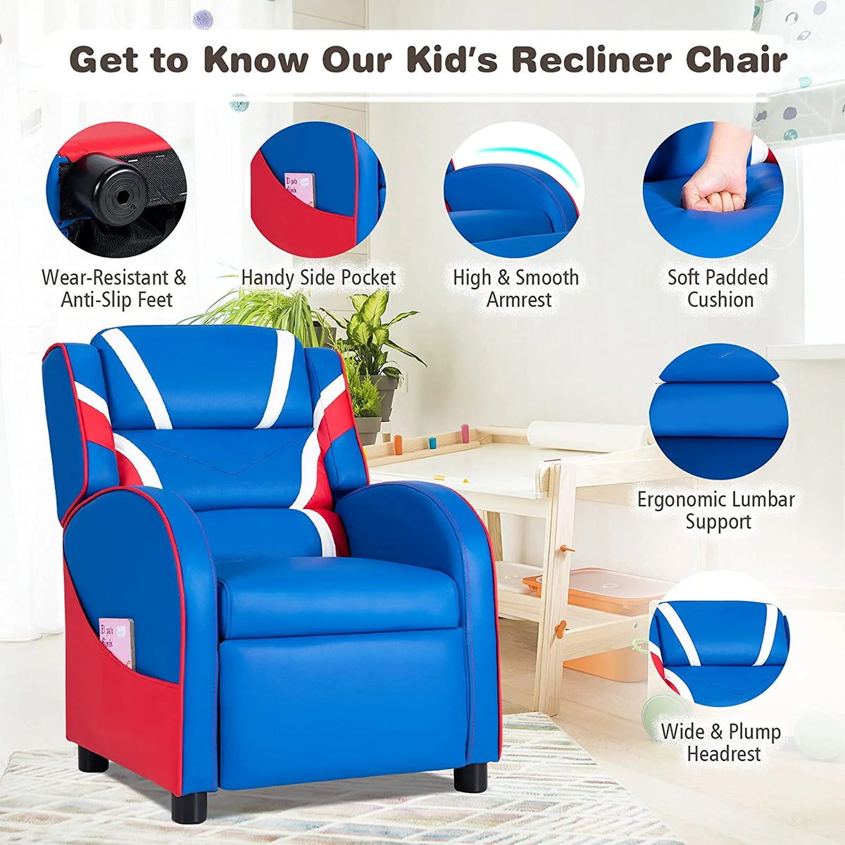 Blue Ergonomic Leather Recliner Chair with Footrest Y6666