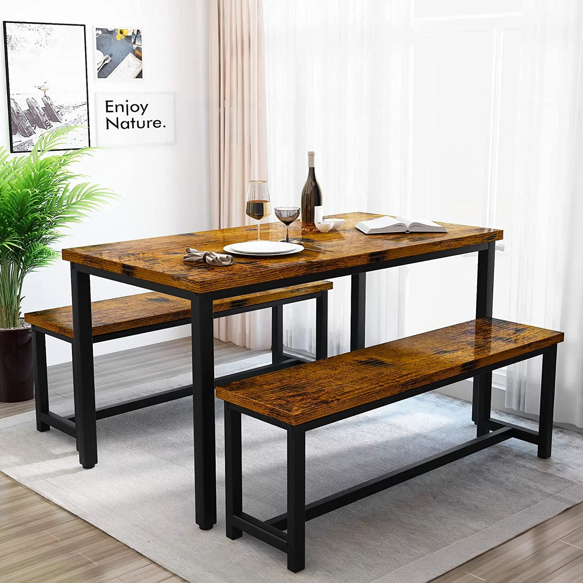 3-Piece Dining Table Set with 2 Bench Chairs Q8031