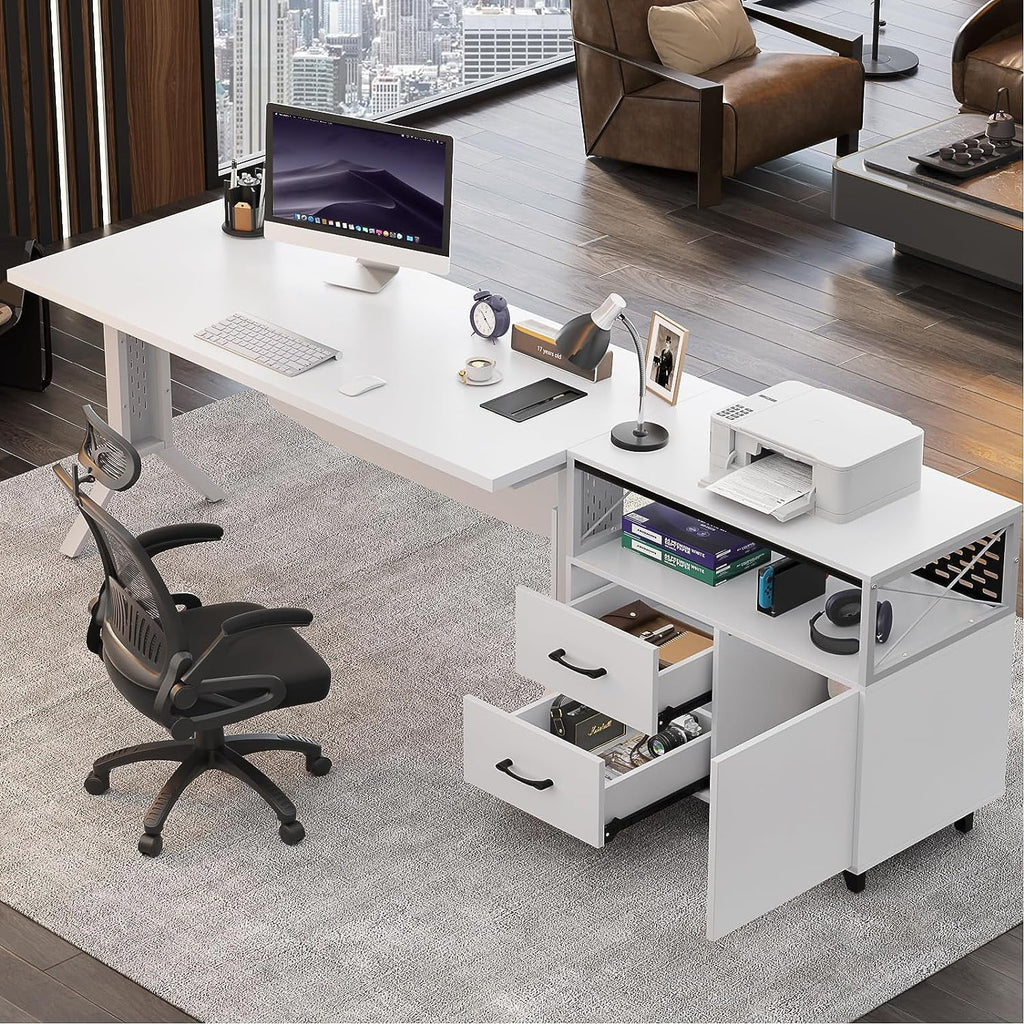 White 55 Inch L Shaped Desk with File Cabinet and Power Outlet Q169