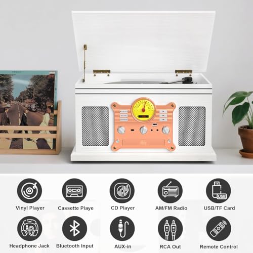 White Wood 10 in 1 Bluetooth Record Player Turntable with Built-in Speakers K26653