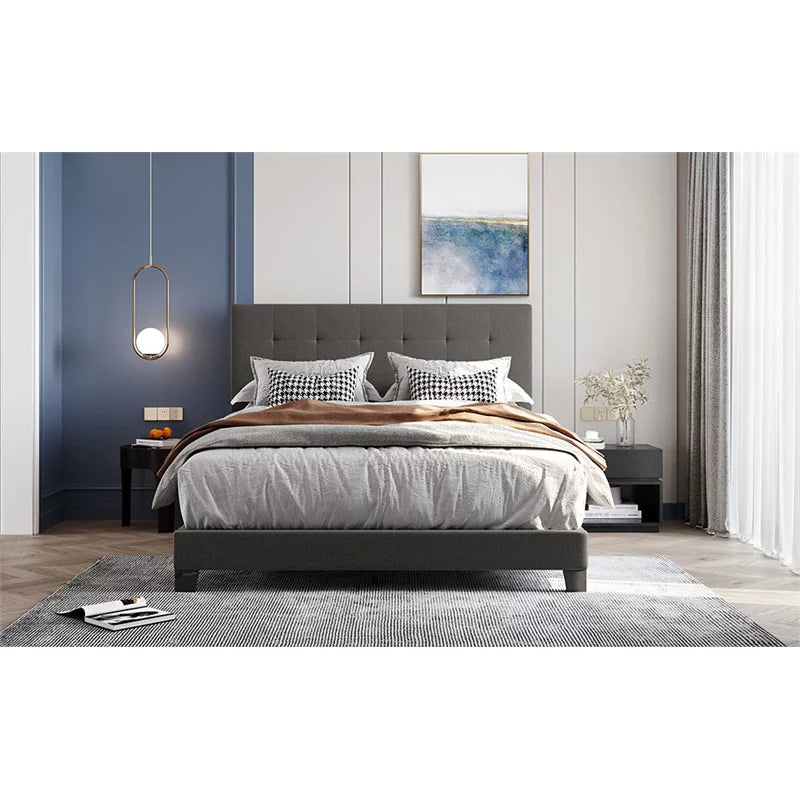 Gray Linen Fabric Queen Upholstered Platform Bed with Tufted Headboard V7557
