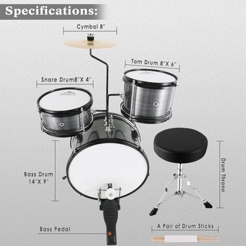 Kids 3 Piece Drum Set with Adjustable Throne, Cymbal, Pedal, Drumsticks U327729
