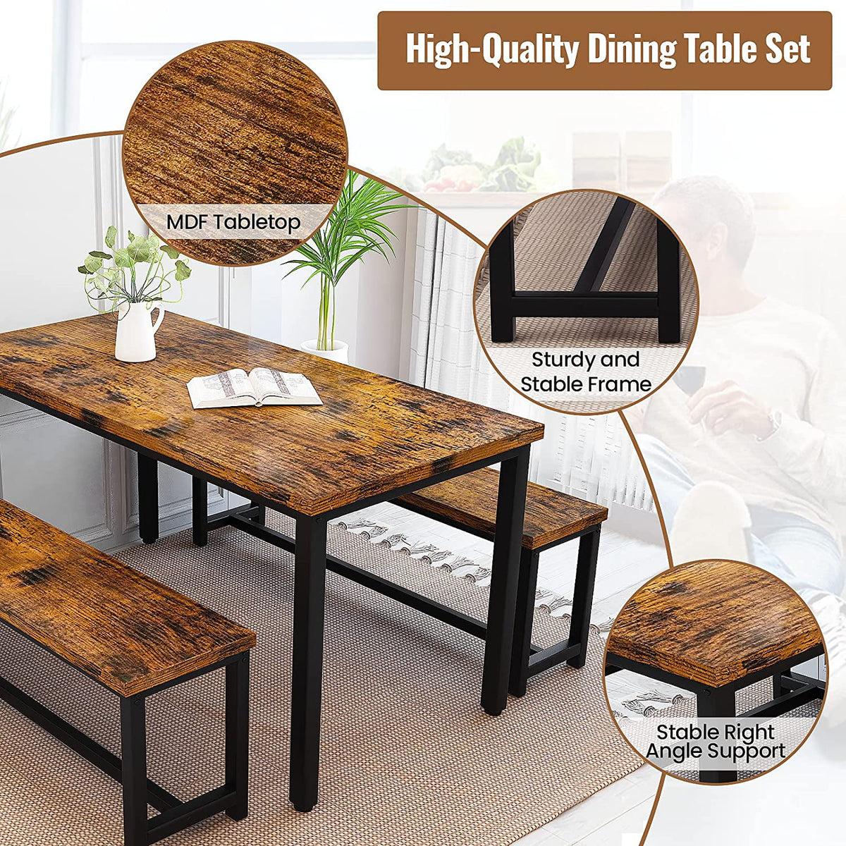 3-Piece Dining Table Set with 2 Bench Chairs Q8031
