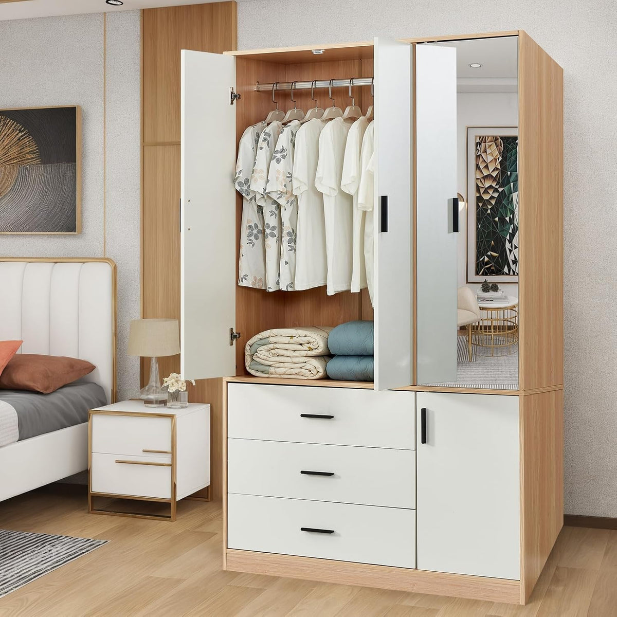 Wooden Wardrobe Closet with 3 Drawers and 2 Doors Y334