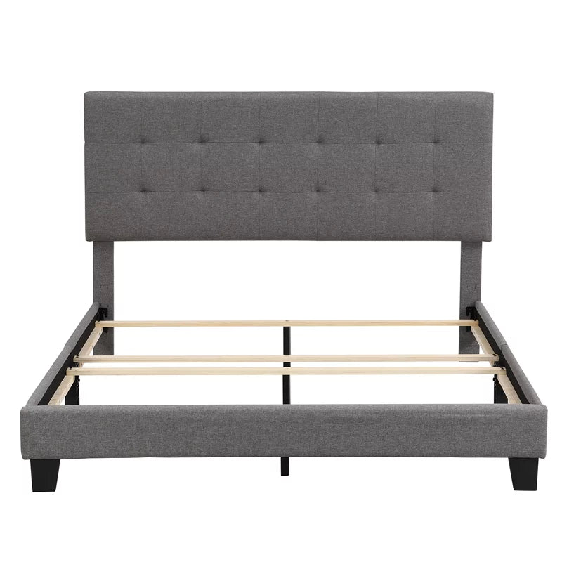 Gray Linen Fabric Queen Upholstered Platform Bed with Tufted Headboard V7557