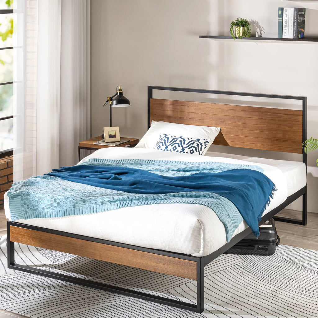 Queen Metal and Wood Platform Bed Frame with Headboard U748517