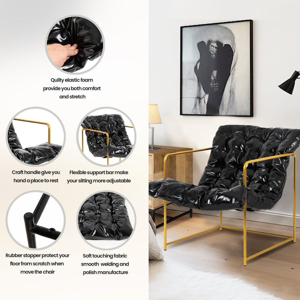 Black Faux Leather Sling Chair with Gold Metal Frame E437178