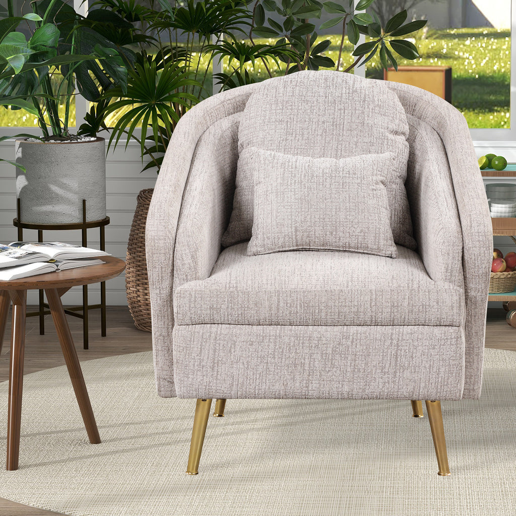 Light Grey Upholstered Accent Chair with Lumbar Pillow and Metal Legs I4627