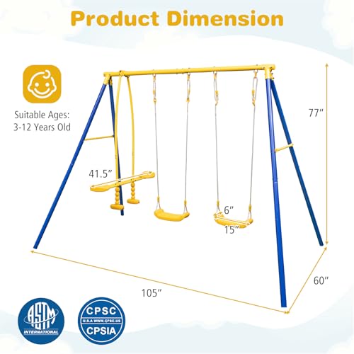 440 lbs Heavy Duty Metal Swing Set with Swing, Glider, Gym Rings V58084