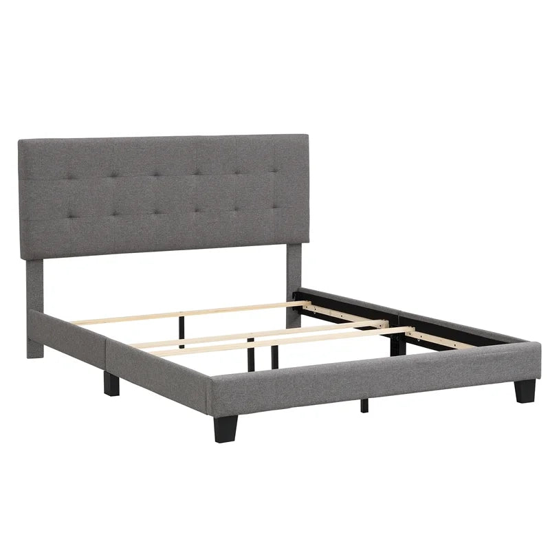 Gray Linen Fabric Queen Upholstered Platform Bed with Tufted Headboard V7557