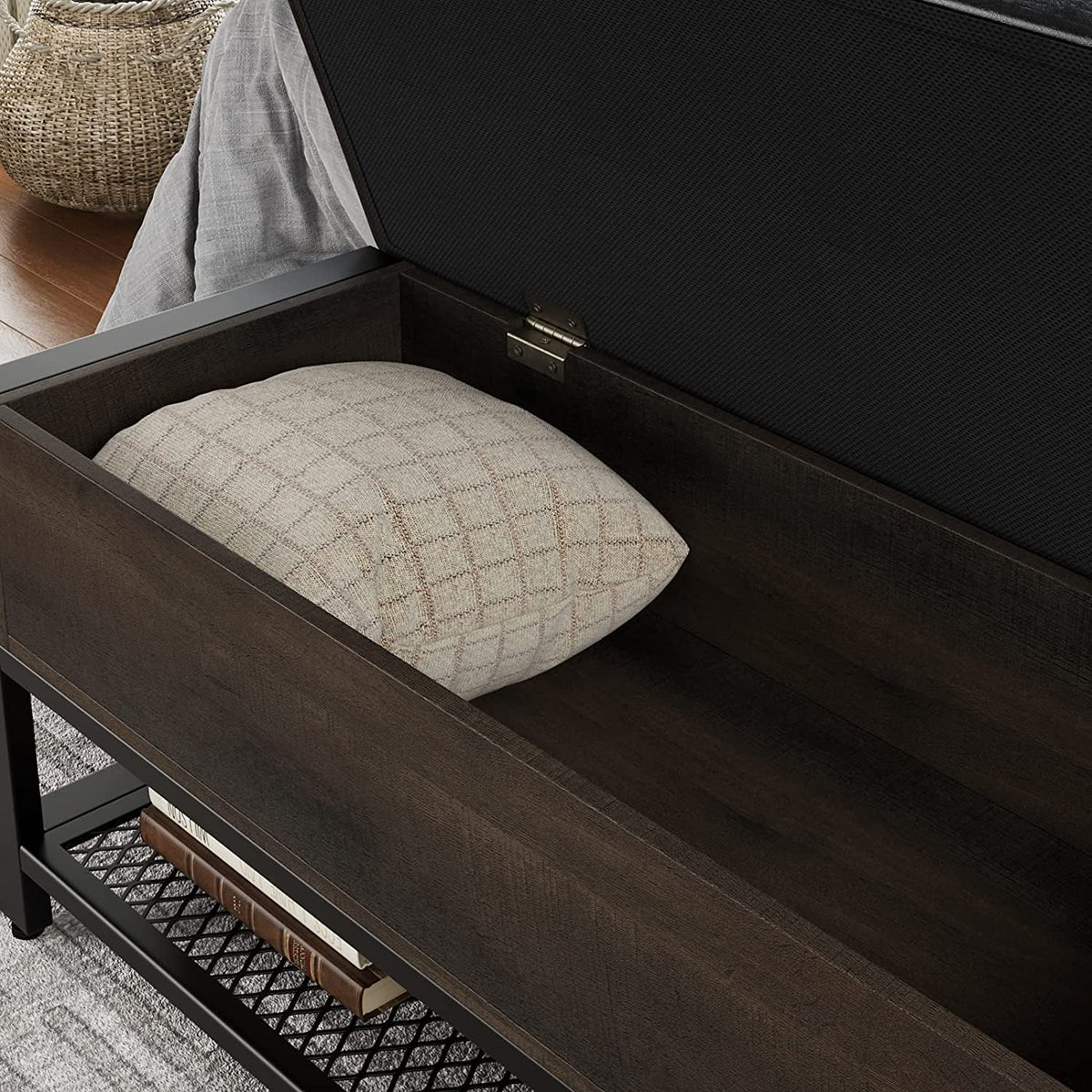 Industrial Storage Bench Flip Top Shoe Bench with Leather Padded Seat X19370