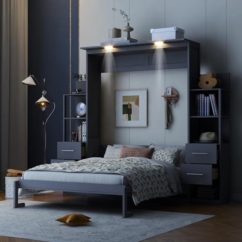 Gray Queen Murphy Bed with Storage Shelves, Drawers and LED Light, Wood Foldable Wall Bed Frame R6341