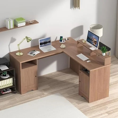 L Shaped Desk with Drawers 60 Inch Corner Computer Desk with USB Charging Port and Power Outlet Oak H420