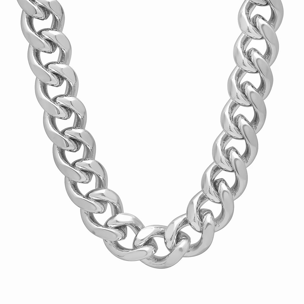 14mm Rhodium Plated Cuban Link Chain Necklace, 30 inches T81160