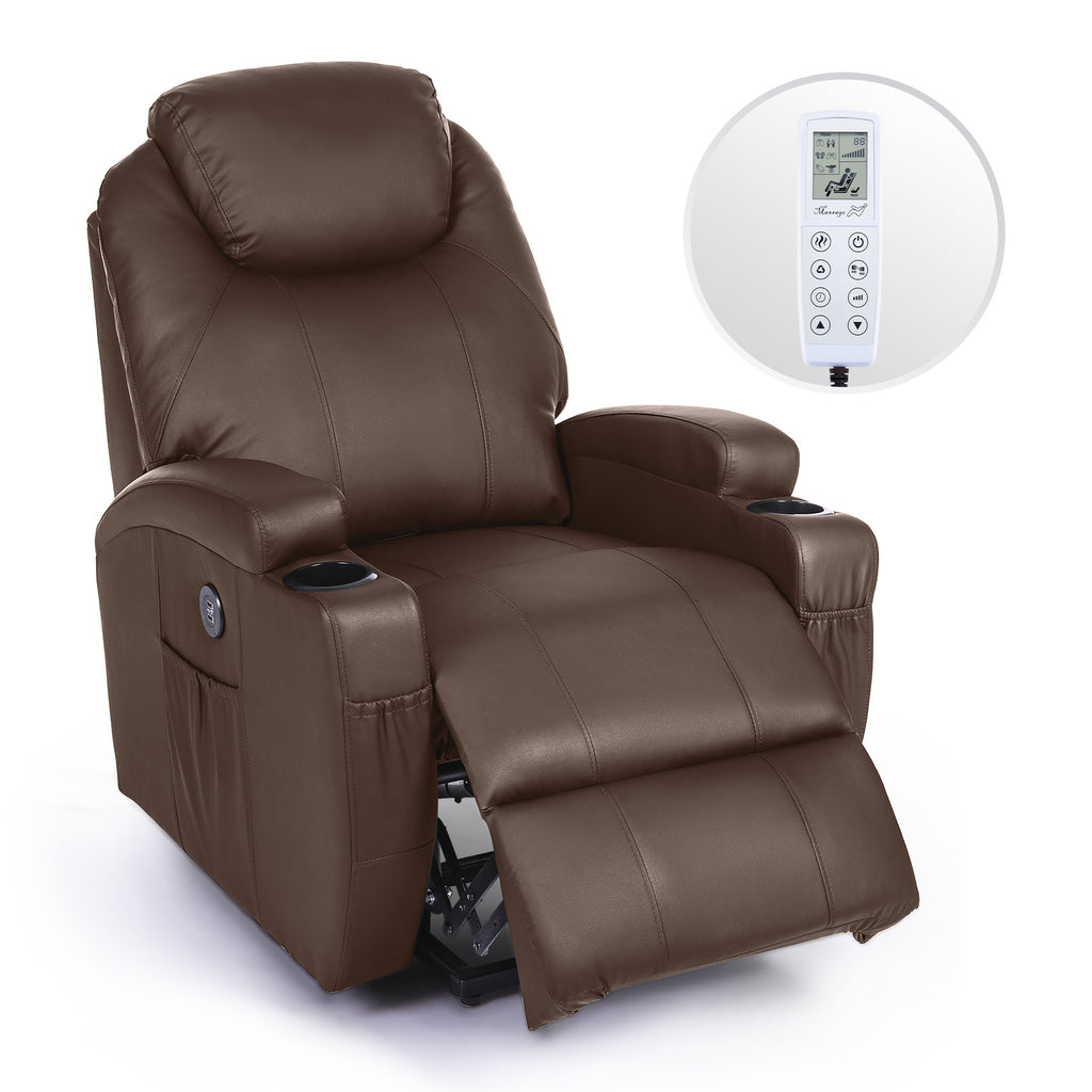 Brown Recliner Chair with Heated Massage Footrest Cup Holders USB Port V930